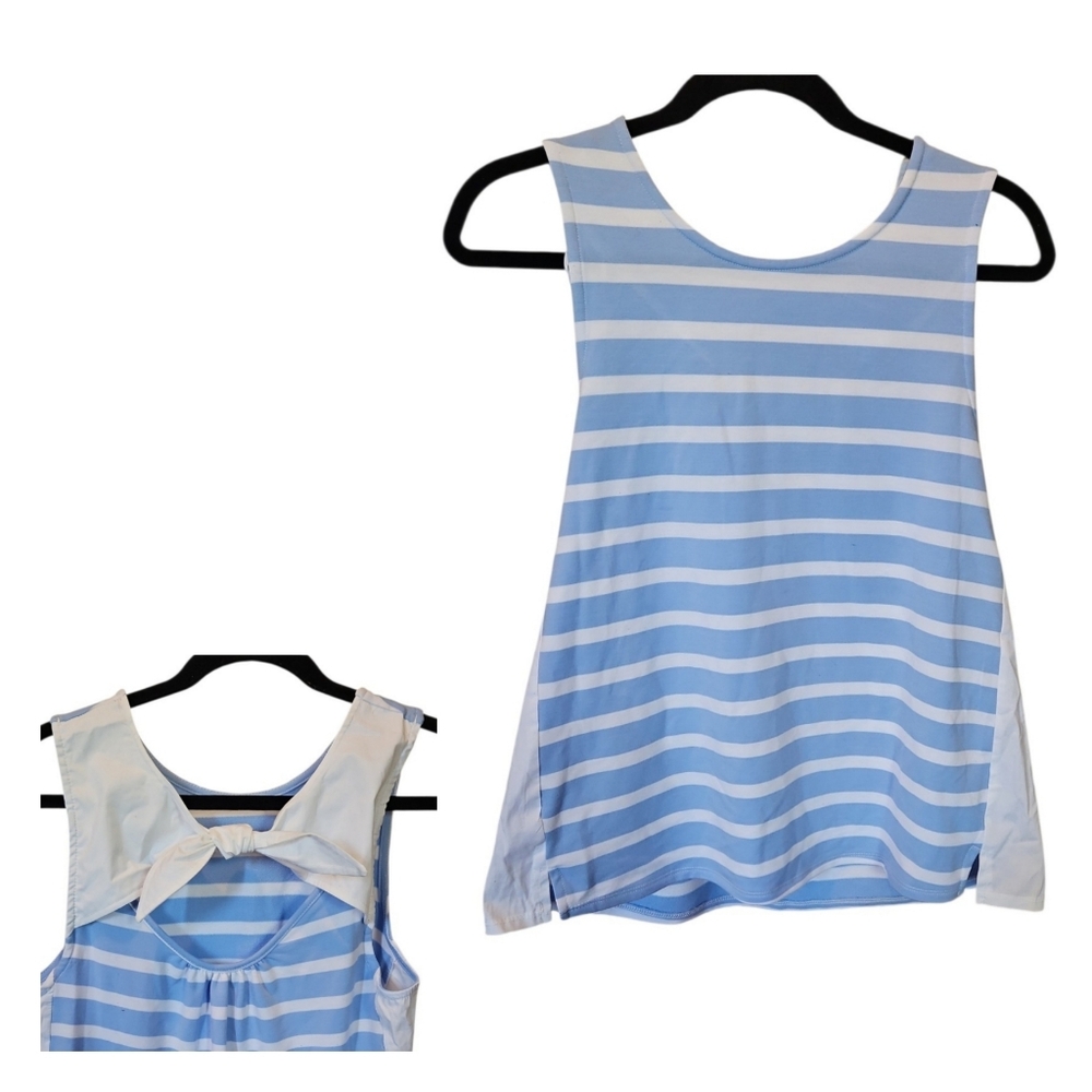 Crown & Ivy Blue & White Striped Nautical Sleeveless Top White Bow Details Med